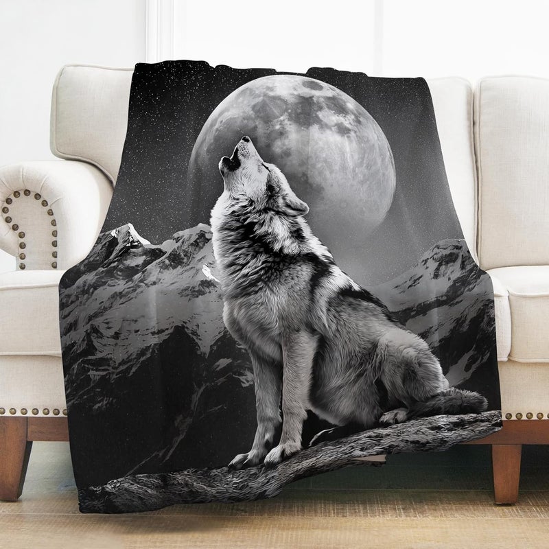 Levens Howling Wolf Blanket Gifts for Boys Girls Kids Adults, Cool Moon Wolf Themed Soft Cozy Throw Blankets for Couch & Sofa Bed, Travel 60"x50", Funny Animal Blanket Gifts for Birthdays & Holidays - Image 1